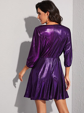 Metallic Wrap Front Flare Hem Dress