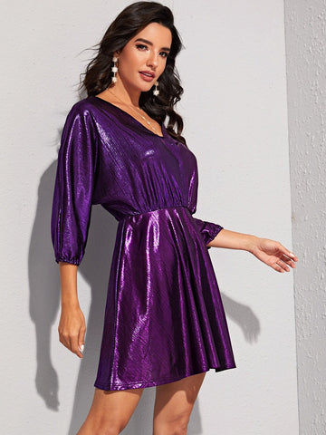 Metallic Wrap Front Flare Hem Dress