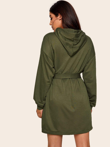 Drawstring Hooded Belted Oversized Sweatshirt Dress