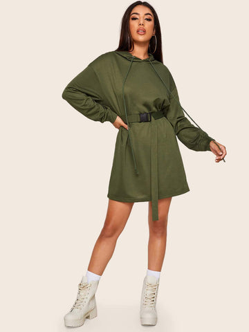 Drawstring Hooded Belted Oversized Sweatshirt Dress