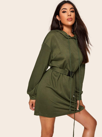 Drawstring Hooded Belted Oversized Sweatshirt Dress