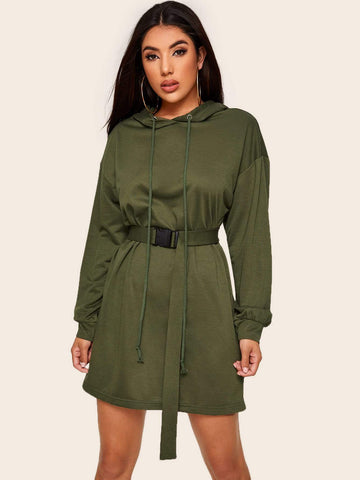 Drawstring Hooded Belted Oversized Sweatshirt Dress