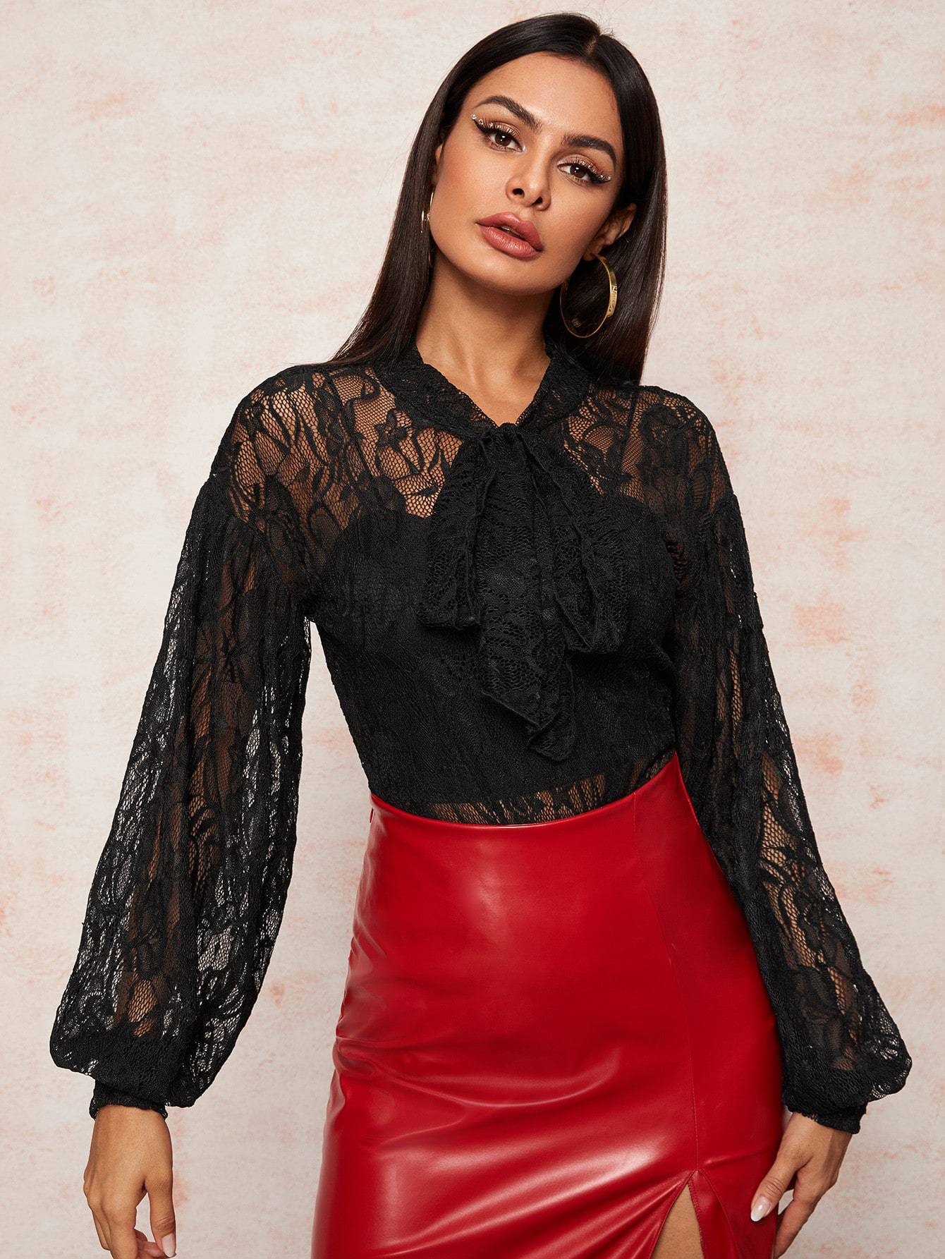Solid Tie Neck Sheer Lace Blouse