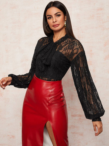 Solid Tie Neck Sheer Lace Blouse