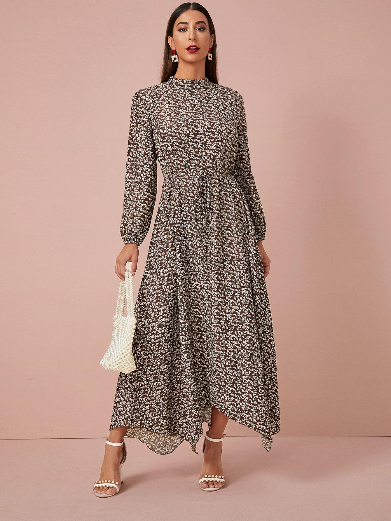 Mock Neck Ditsy Floral Hanky Hem A-line Dress