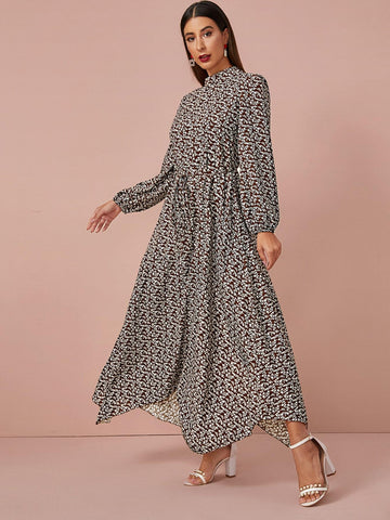 Mock Neck Ditsy Floral Hanky Hem A-line Dress