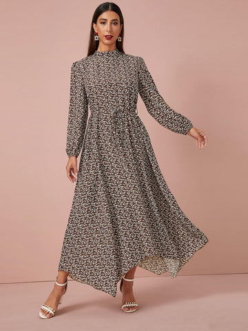 Mock Neck Ditsy Floral Hanky Hem A-line Dress