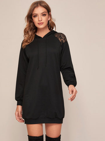 Contrast Lace Drawstring Hooded Sweatshirt Dress