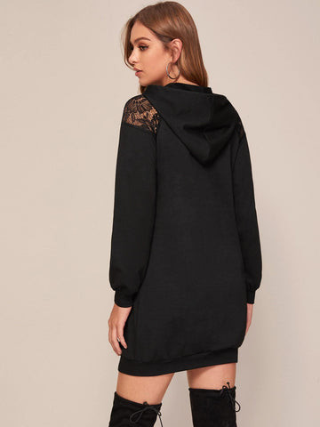 Contrast Lace Drawstring Hooded Sweatshirt Dress