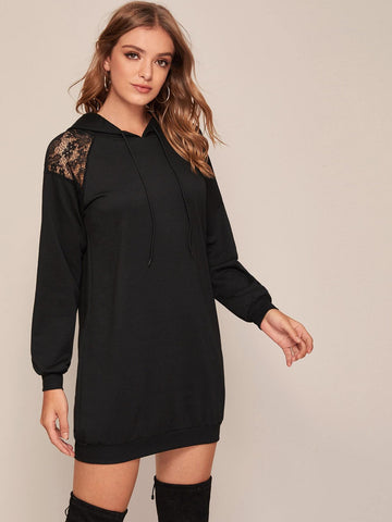 Contrast Lace Drawstring Hooded Sweatshirt Dress