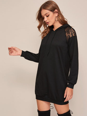 Contrast Lace Drawstring Hooded Sweatshirt Dress