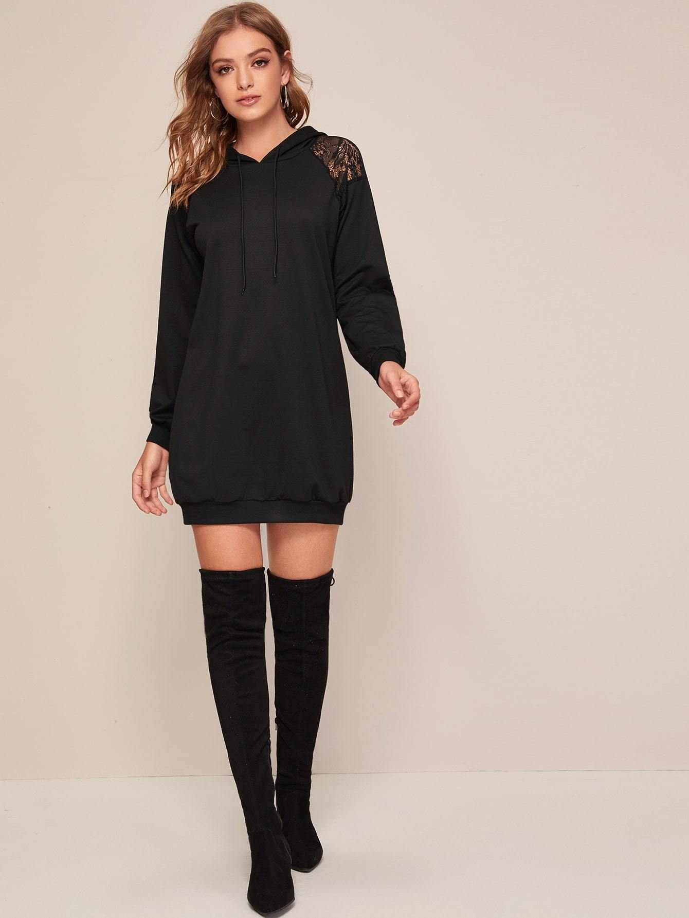 Contrast Lace Drawstring Hooded Sweatshirt Dress