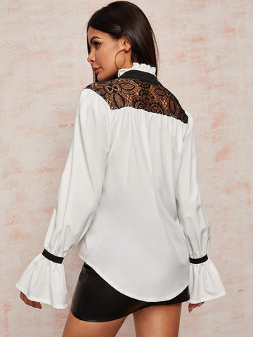 Contrast Lace Tie Neck Flounce Sleeve Blouse