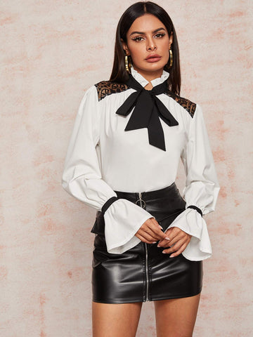 Contrast Lace Tie Neck Flounce Sleeve Blouse