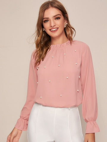 Frill Trim Pearls Beaded Chiffon Blouse