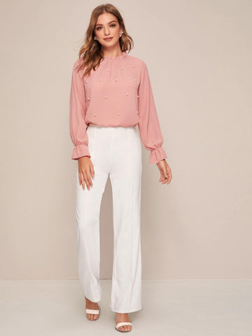 Frill Trim Pearls Beaded Chiffon Blouse