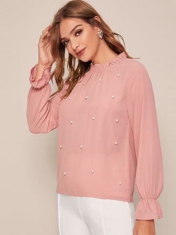 Frill Trim Pearls Beaded Chiffon Blouse