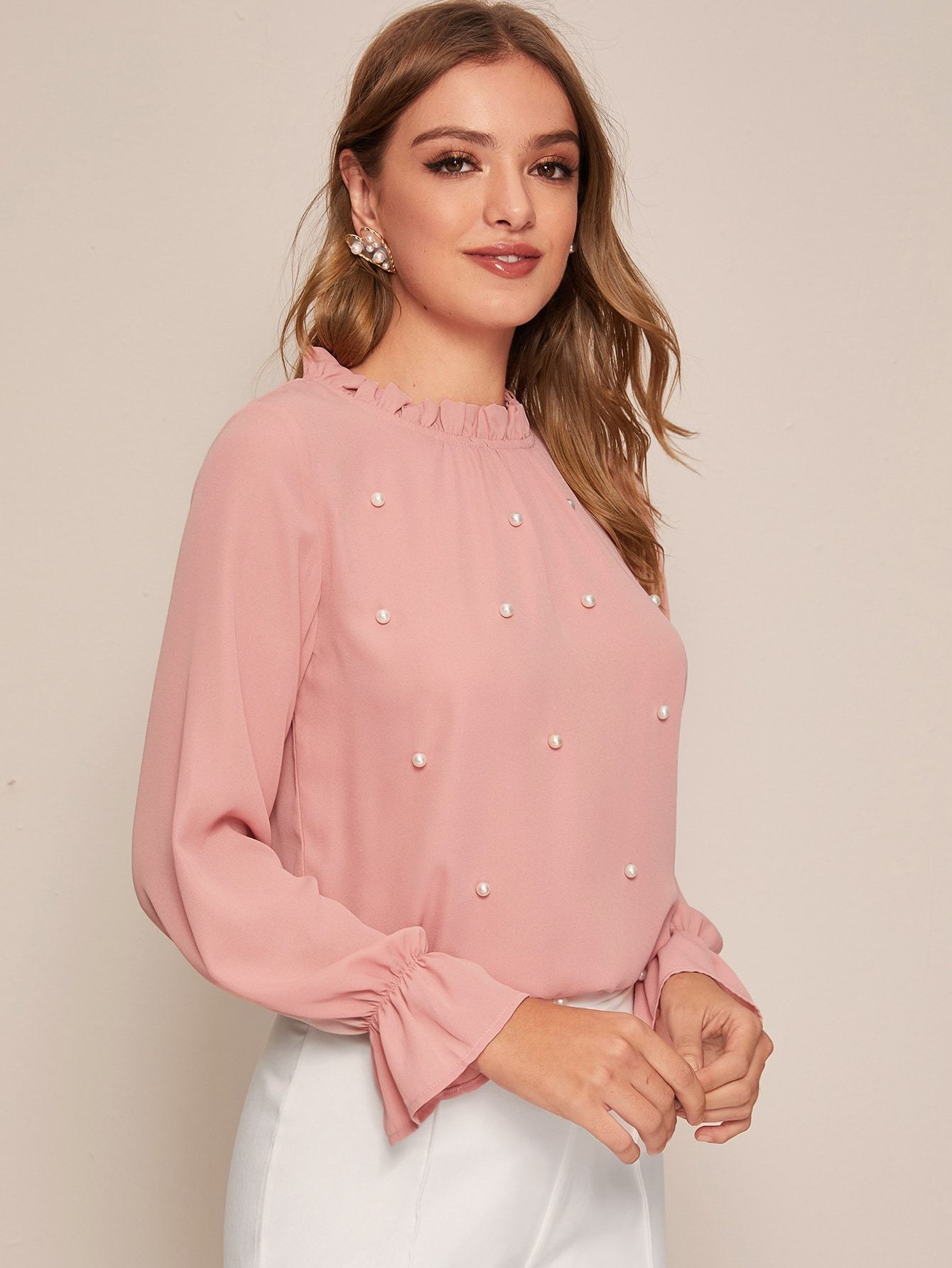 Frill Trim Pearls Beaded Chiffon Blouse