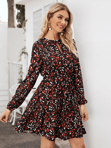 Floral Print Keyhole Front A-line Dress