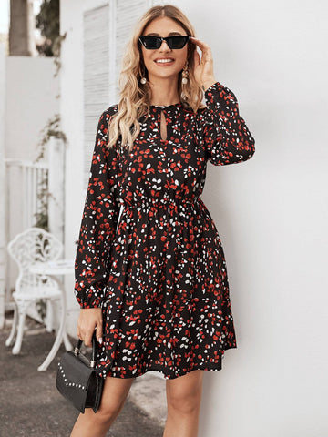 Floral Print Keyhole Front A-line Dress