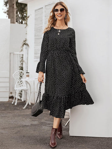 Polka Dot Flounce Sleeve Ruffle Hem Dress