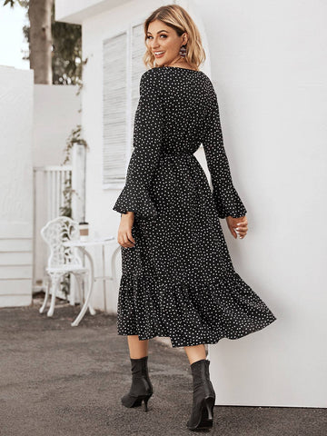 Polka Dot Flounce Sleeve Ruffle Hem Dress