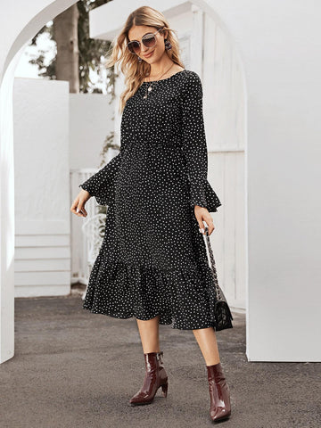 Polka Dot Flounce Sleeve Ruffle Hem Dress