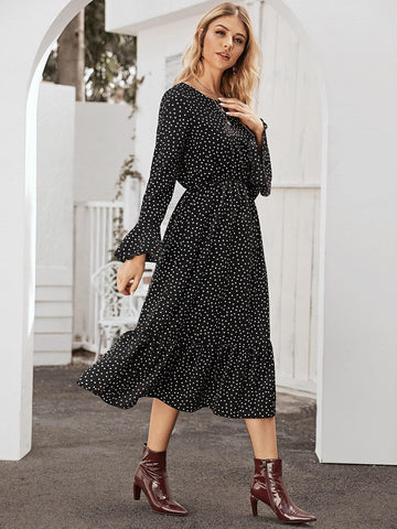 Polka Dot Flounce Sleeve Ruffle Hem Dress