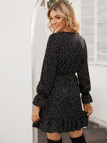 Polka Dot Flounce Sleeve Ruffle Hem Dress