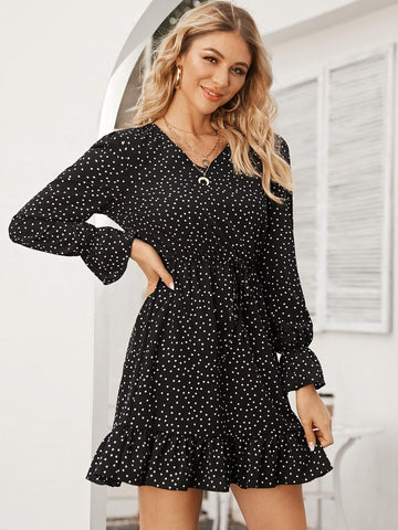 Polka Dot Flounce Sleeve Ruffle Hem Dress