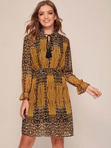 Leopard Print Tassel Detail Chiffon Dress