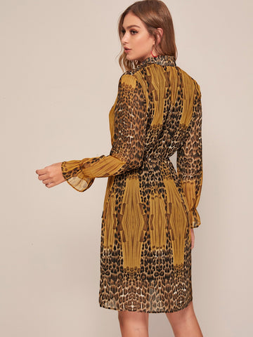 Leopard Print Tassel Detail Chiffon Dress