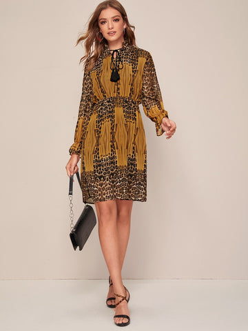Leopard Print Tassel Detail Chiffon Dress