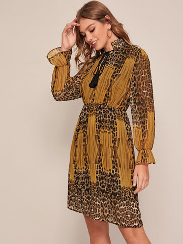 Leopard Print Tassel Detail Chiffon Dress