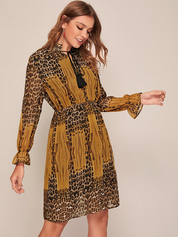 Leopard Print Tassel Detail Chiffon Dress