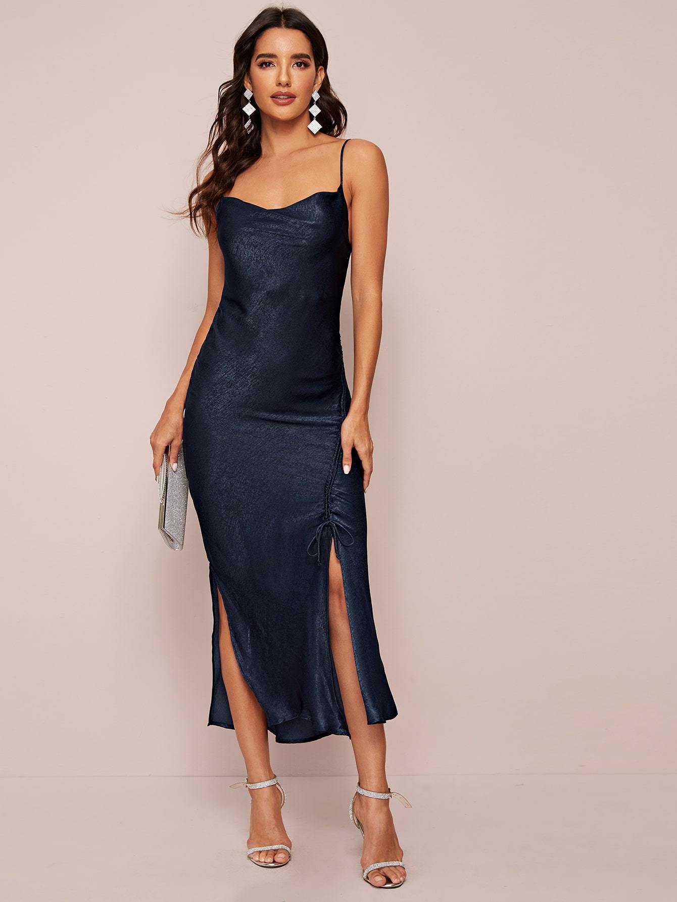 Split Hem Ruched Satin Cami Dress