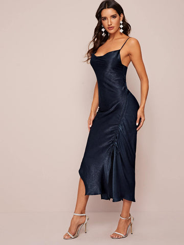 Split Hem Ruched Satin Cami Dress
