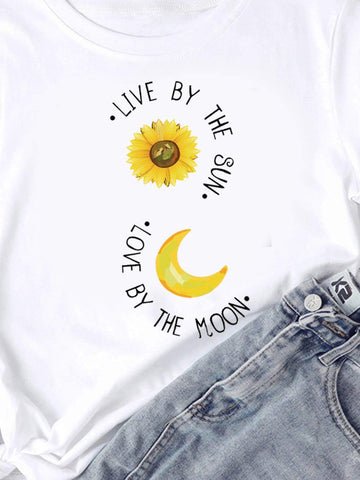 Floral And Slogan Graphic Tee