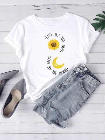 Floral And Slogan Graphic Tee