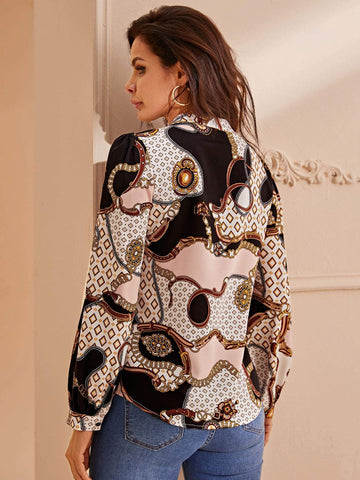 Notched Neck Chain And Geo Print Blouse
