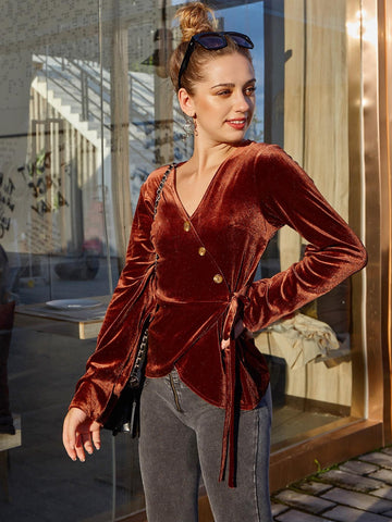 Button Detail Tie Side Wrap Velvet Blouse