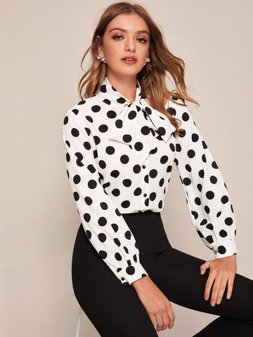 Polka Dot Tie Neck Button Through Blouse