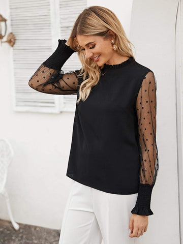 Dobby Mesh Shirred Cuff Blouse