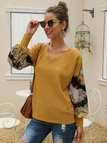 Chain Print Puff Sleeve Waffle Knit Jumper