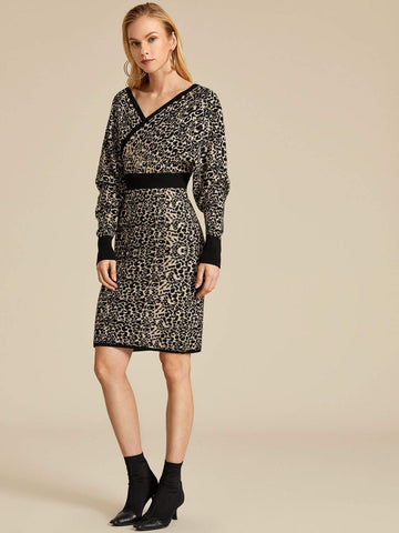 Leopard Print Batwing Sleeve Jumper Dress