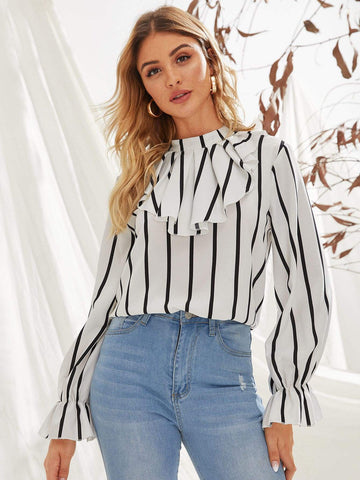Striped Flounce Sleeve Ruffle Trim Blouse