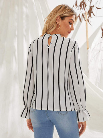 Striped Flounce Sleeve Ruffle Trim Blouse