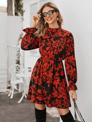 Floral Print Flounce Sleeve Dress