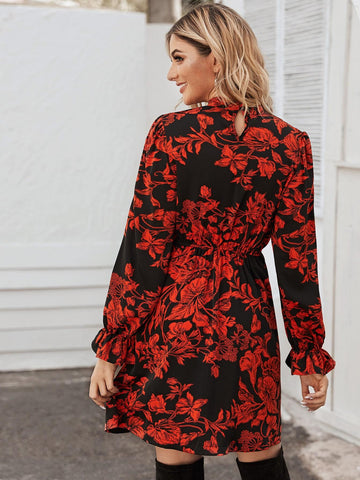 Floral Print Flounce Sleeve Dress