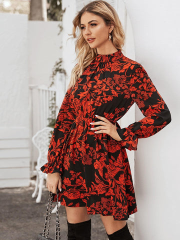 Floral Print Flounce Sleeve Dress